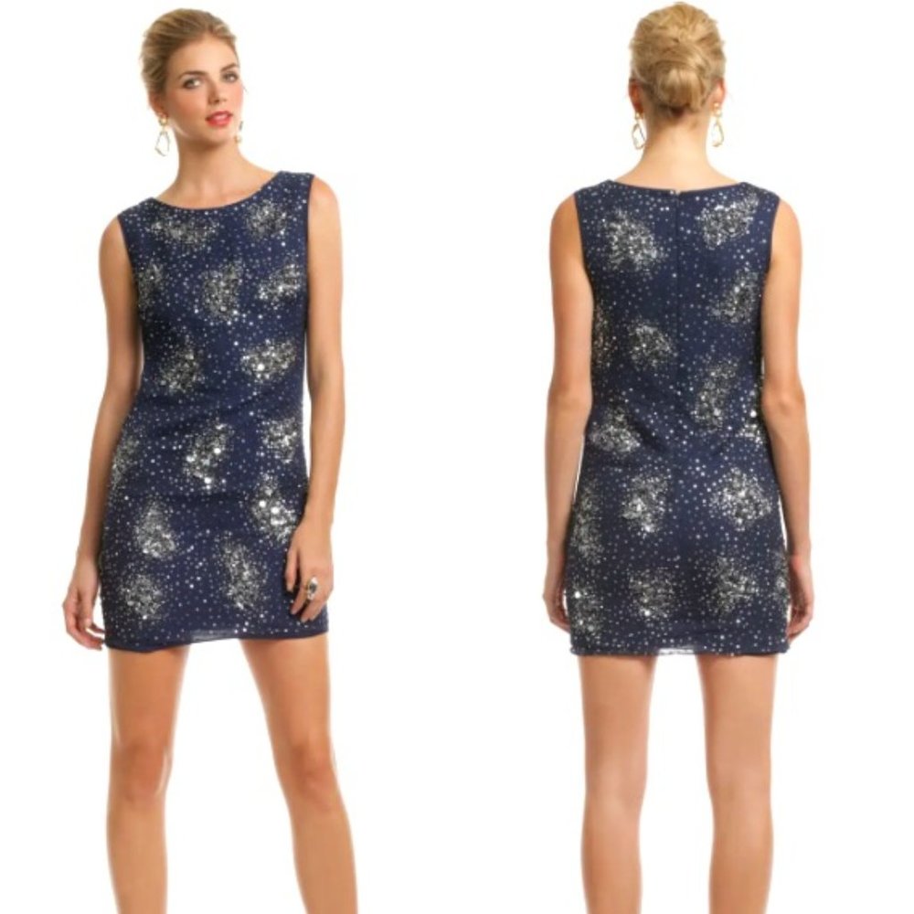 Badgley Mischka Dark Blue Sequined Silk Shift Dress